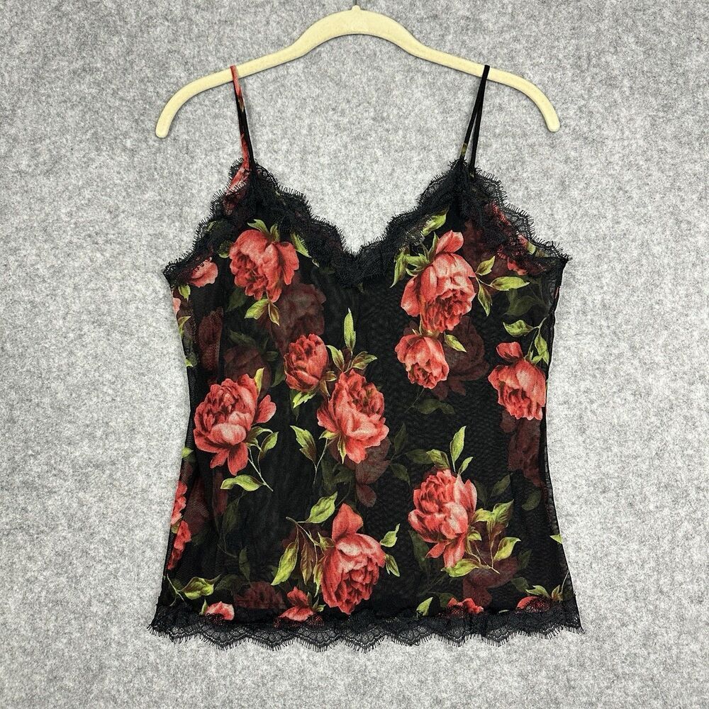VTG AGACI Y2K Floral Lace Cami Top M Black Fairy Grunge Whimsigoth Dark Coquette